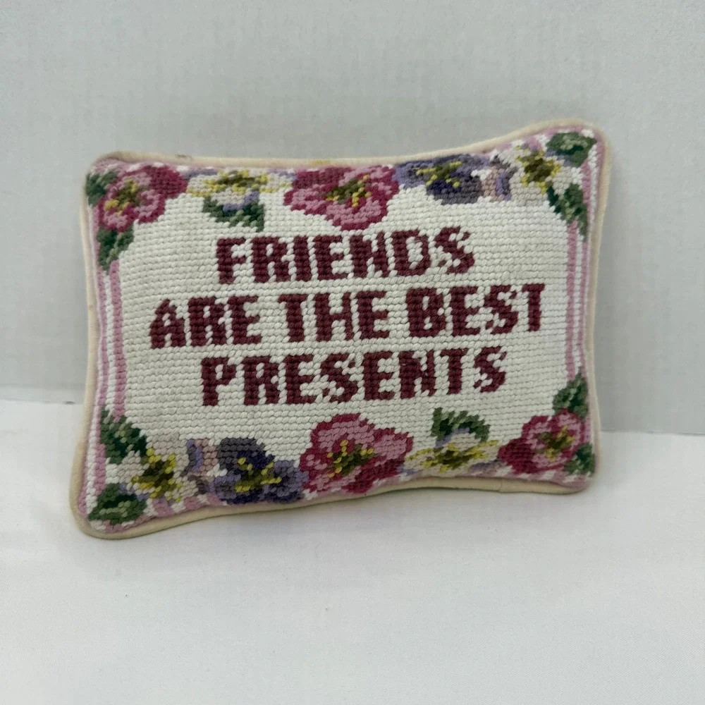 Vintage Needlepoint Pillow Friends Are The Best Presents Floral Pansy Decor 9x7